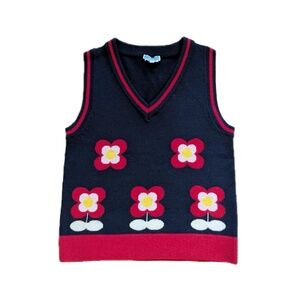 girls jacadi sweater vest sleeveless jumper navy with red flowers paris